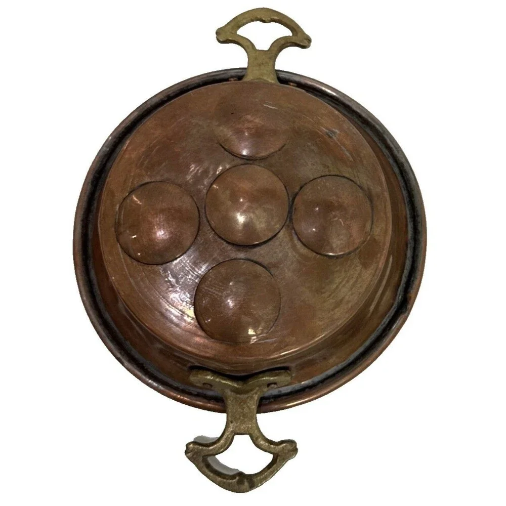 Antique French Copper Brass Handled Egg Poacher Escargot Pan 5 Hole